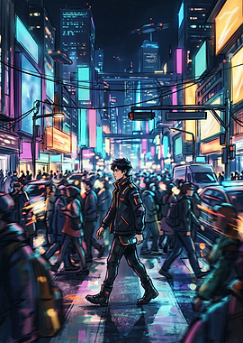 Anime Character Walking Through Cyberpunk City