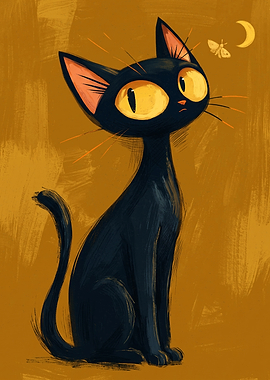 Cute Big Eyed Black Cat Looking Up