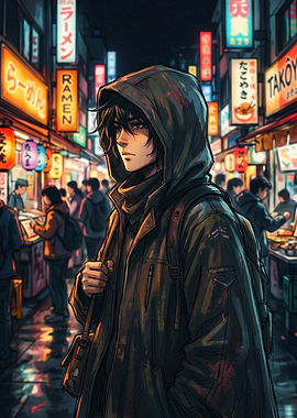 Anime Boy in Neon Japanese Street
