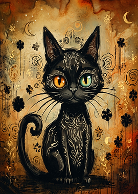 Ornate Decorative Black Cat Painting
