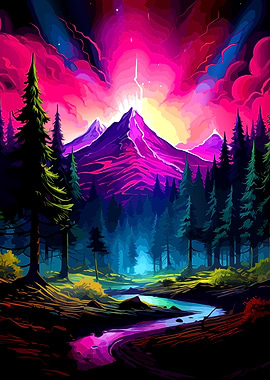 Vibrant Neon Mountain Forest Landscape