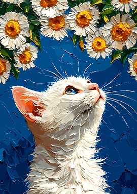 White Cat Looking at Daisies