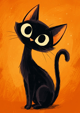 Cute Big Eyed Black Cat Orange Poster