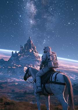 Astronaut Riding Horse Toward Alien Castle