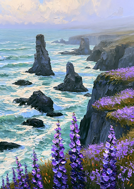 Coastal Cliffs with Purple Lupine Flowers