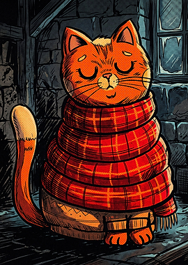 Cozy Ginger Cat in Plaid Scarf