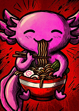 Cute Axolotl Eating Ramen Noodles