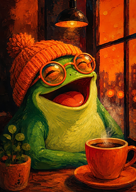 Happy Frog Enjoying Coffee