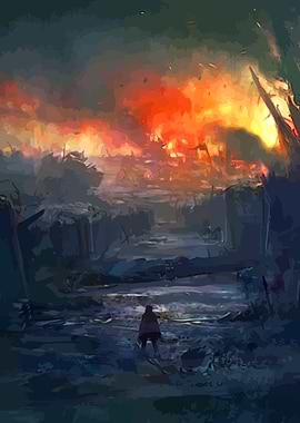 Lone Figure Facing Fiery Destruction