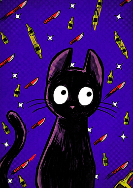 Surprised Black Cat with Knives