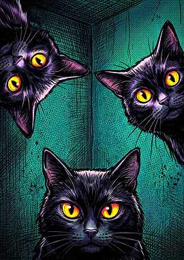 Three Black Cats with Glowing Eyes