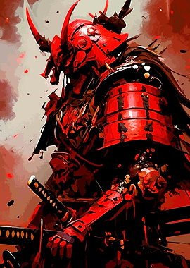 Red Horned Samurai Warrior Portrait