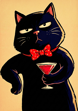 Sophisticated Black Cat with Cocktail