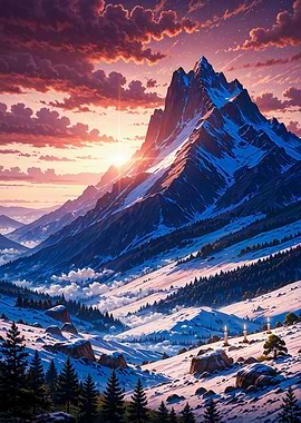 Majestic Snowy Mountain Peak at Sunset Landscape