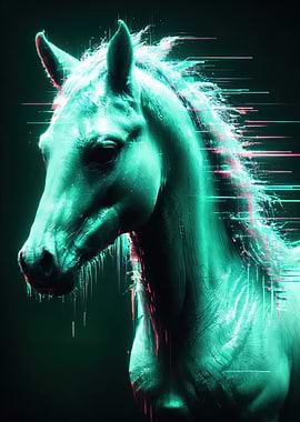 Glitch Art Neon Horse Portrait