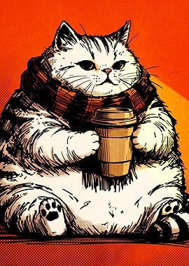 Chubby Cat Holding Coffee Cup