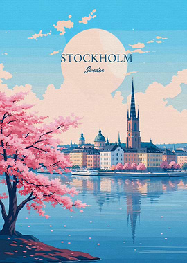 Stockholm Sweden Cherry Blossom Travel Poster