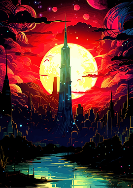Futuristic Skyscraper Under Crimson Moon