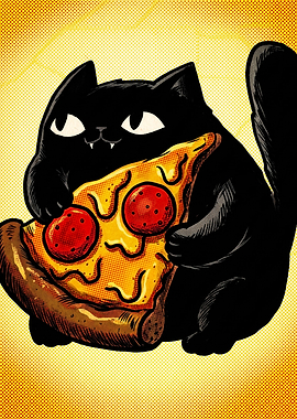 Cute Black Cat Eating Pizza Slice