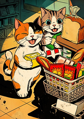 Cute Cats Grocery Shopping Illustration