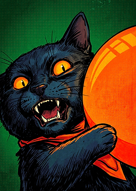 Fierce Black Cat with Orange Balloon