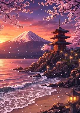 Mount Fuji and Pagoda at Japan Sunset