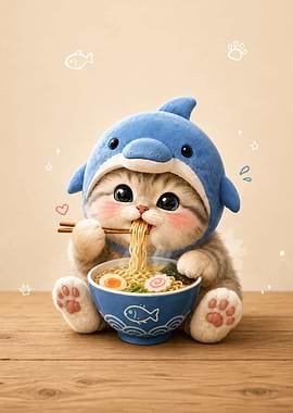Cute Kitten Eating Ramen in Shark Hat