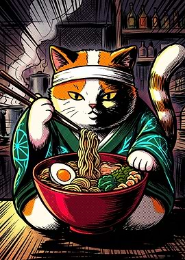 Calico Cat Eating Ramen Illustration