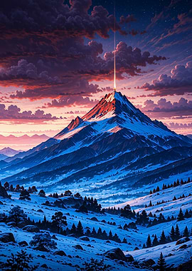 Snowy Mountain Peak with Light Beam Landscape