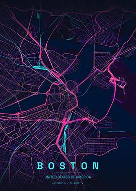Neon Boston City Map Poster
