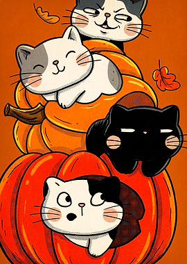 Cute Cats in Pumpkins Illustration