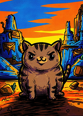 Chibi Tabby Cat in Desert Landscape
