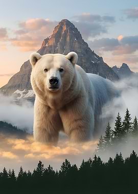Giant Polar White Bear in Mountain Landscape