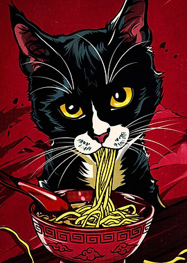 Black Cat Eating Ramen Illustration