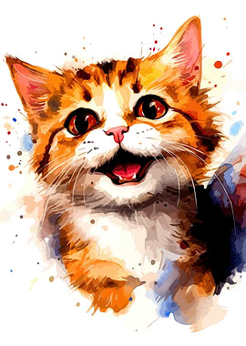 Watercolor Portrait of a Happy Kitten