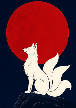 White Kitsune Under Red Moon