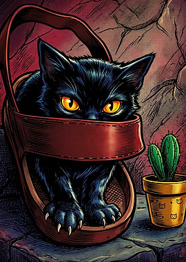 Black Cat in Leather Basket