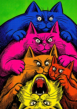 Colorful Stack of Expressive Cats