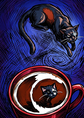 Black Cat Jumping Over Coffee Cup