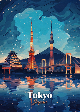 Tokyo Japan Night Skyline Illustration