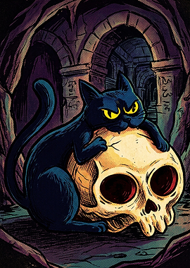 Black Cat Resting on a Skull