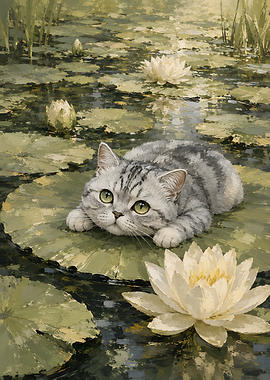 Cute Tabby Cat on Lily Pad