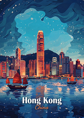 Hong Kong Skyline Travel Poster