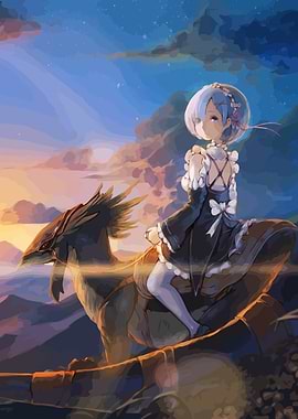 Rem Riding a Chocobo at Sunset