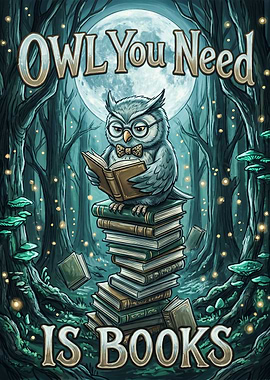 Owl Reading Books in Enchanted Forest