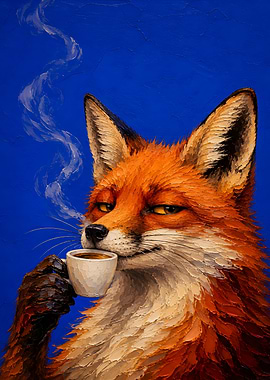 Fox Drinking Coffee Oil Painting