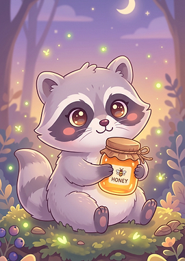 Cute Raccoon Holding Honey Jar