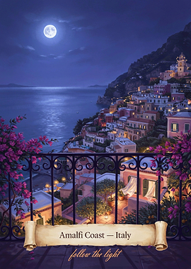 Amalfi Coast Moonlit Balcony Streetscape — Romantic Mystical Coastal Night Art