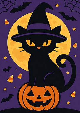 Cute Black Cat Witch Halloween Illustration