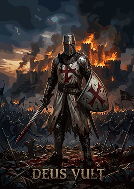 Crusader Knight Deus Vult Battle Scene